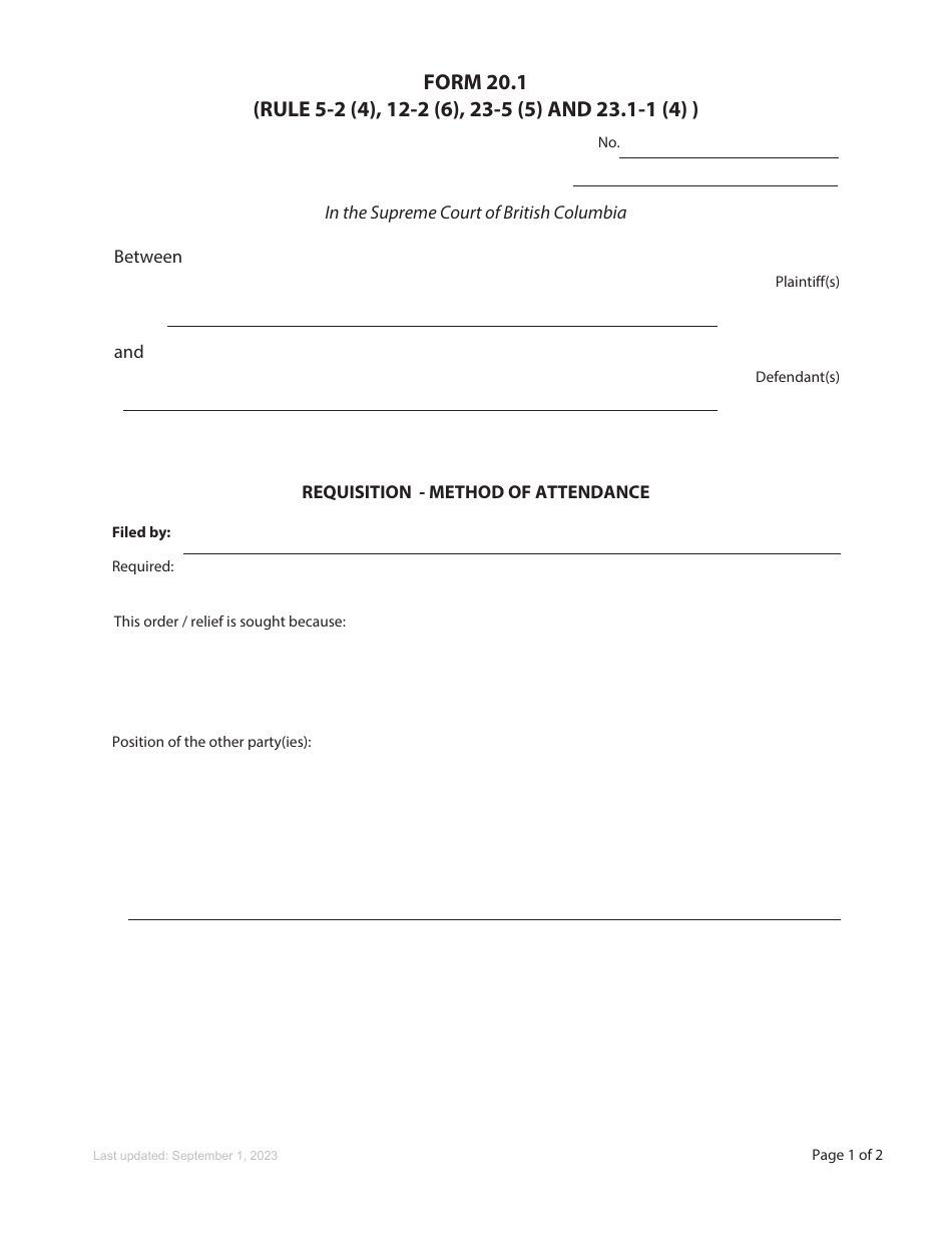 Form 20.1 Requisition - Method of Attendance - British Columbia, Canada, Page 1