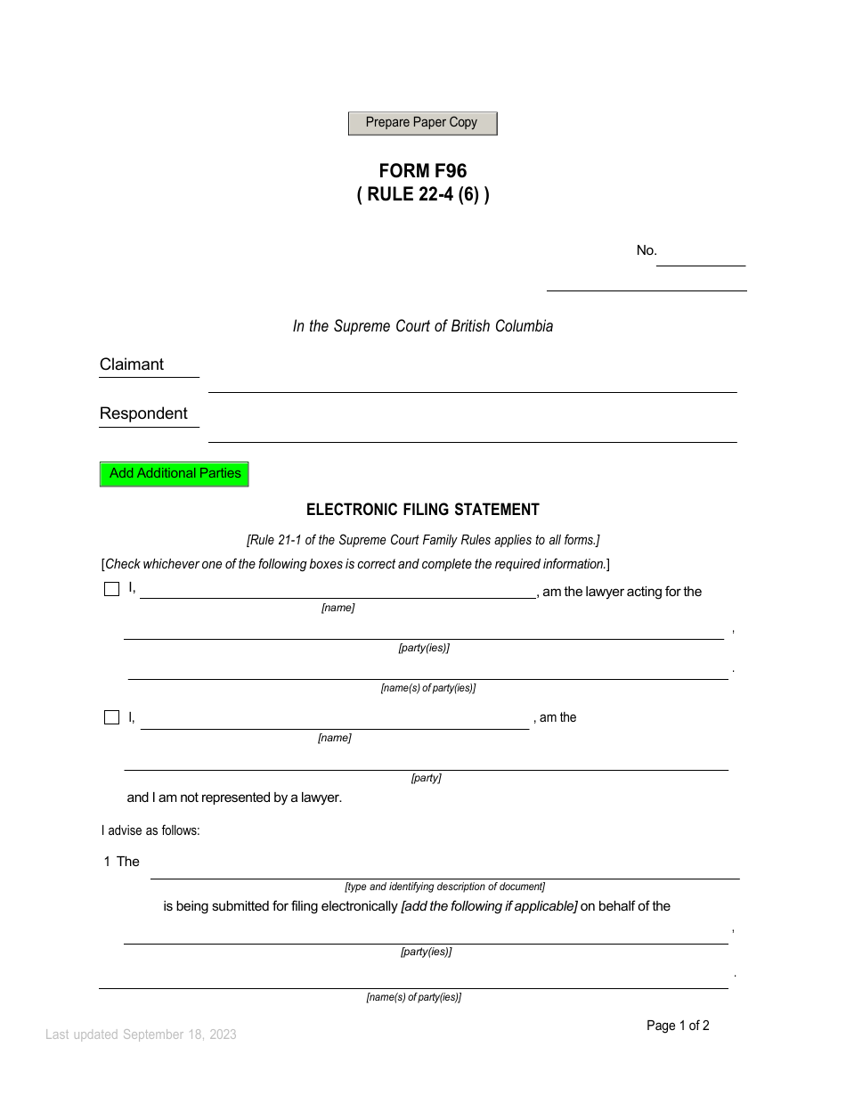 Form F96 Electronic Filing Statement - British Columbia, Canada, Page 1