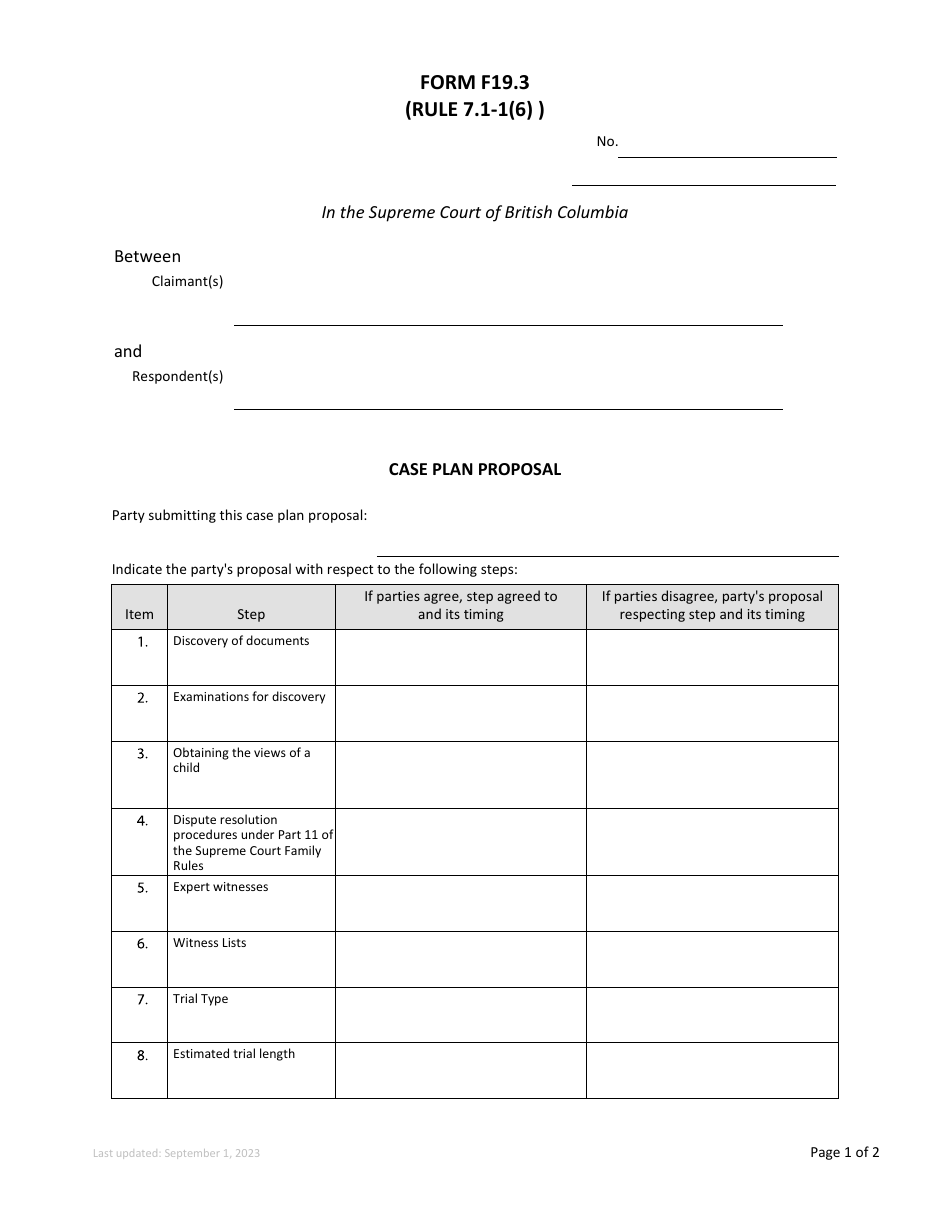 Form F19.3 Case Plan Proposal - British Columbia, Canada, Page 1