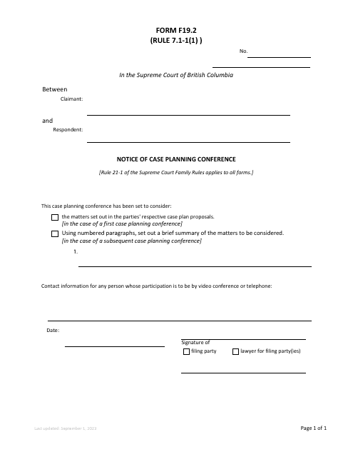 Form F19.2 Notice of Case Planning Conference - British Columbia, Canada
