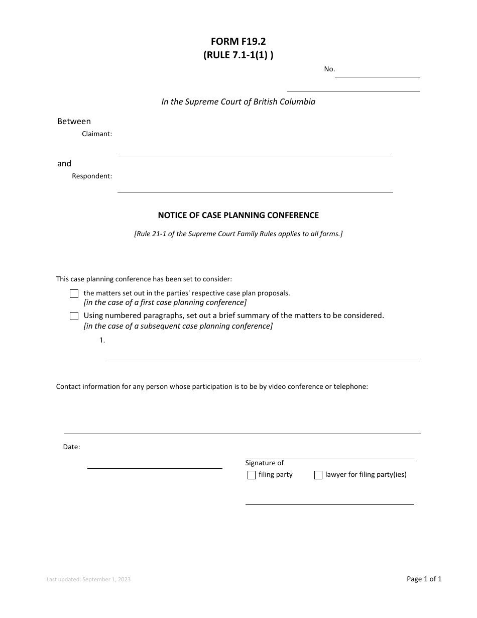 Form F19.2 Notice of Case Planning Conference - British Columbia, Canada, Page 1