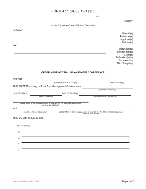 Form 47.1 Order Made at Trial Management Conference - British Columbia, Canada