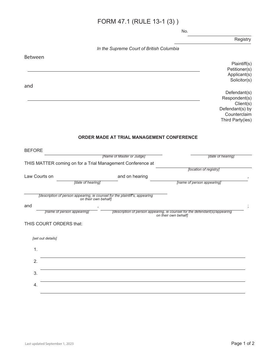 Form 47.1 Order Made at Trial Management Conference - British Columbia, Canada, Page 1