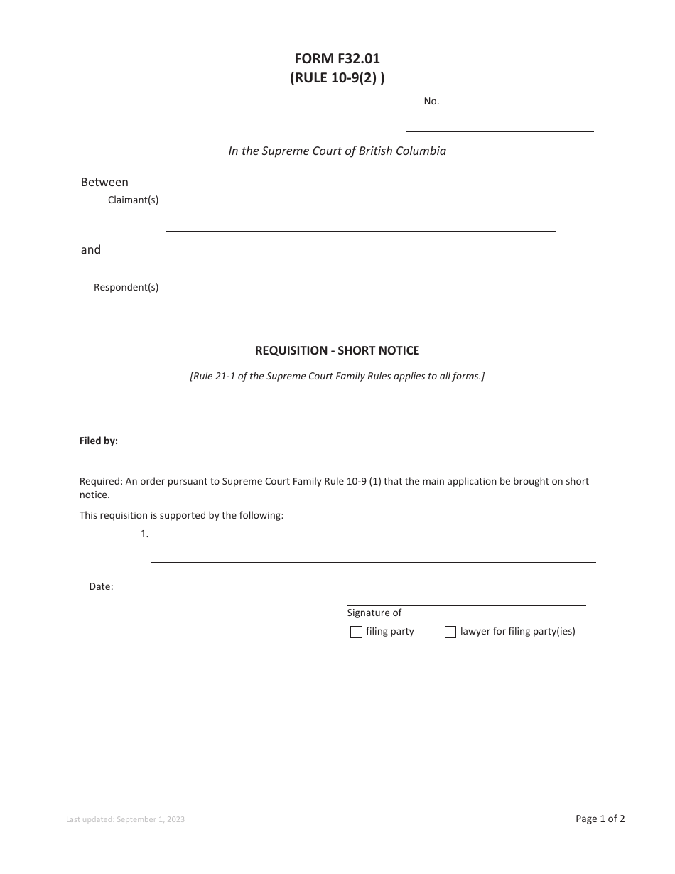 Form F32.01 Requisition - Short Notice - British Columbia, Canada, Page 1