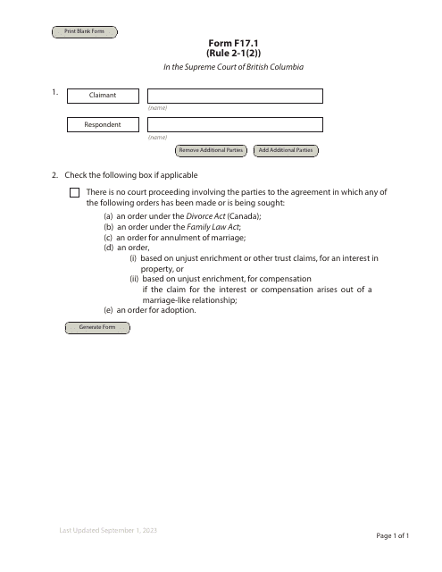 Form F17.1 Requisition Short Notice - Supreme - British Columbia, Canada