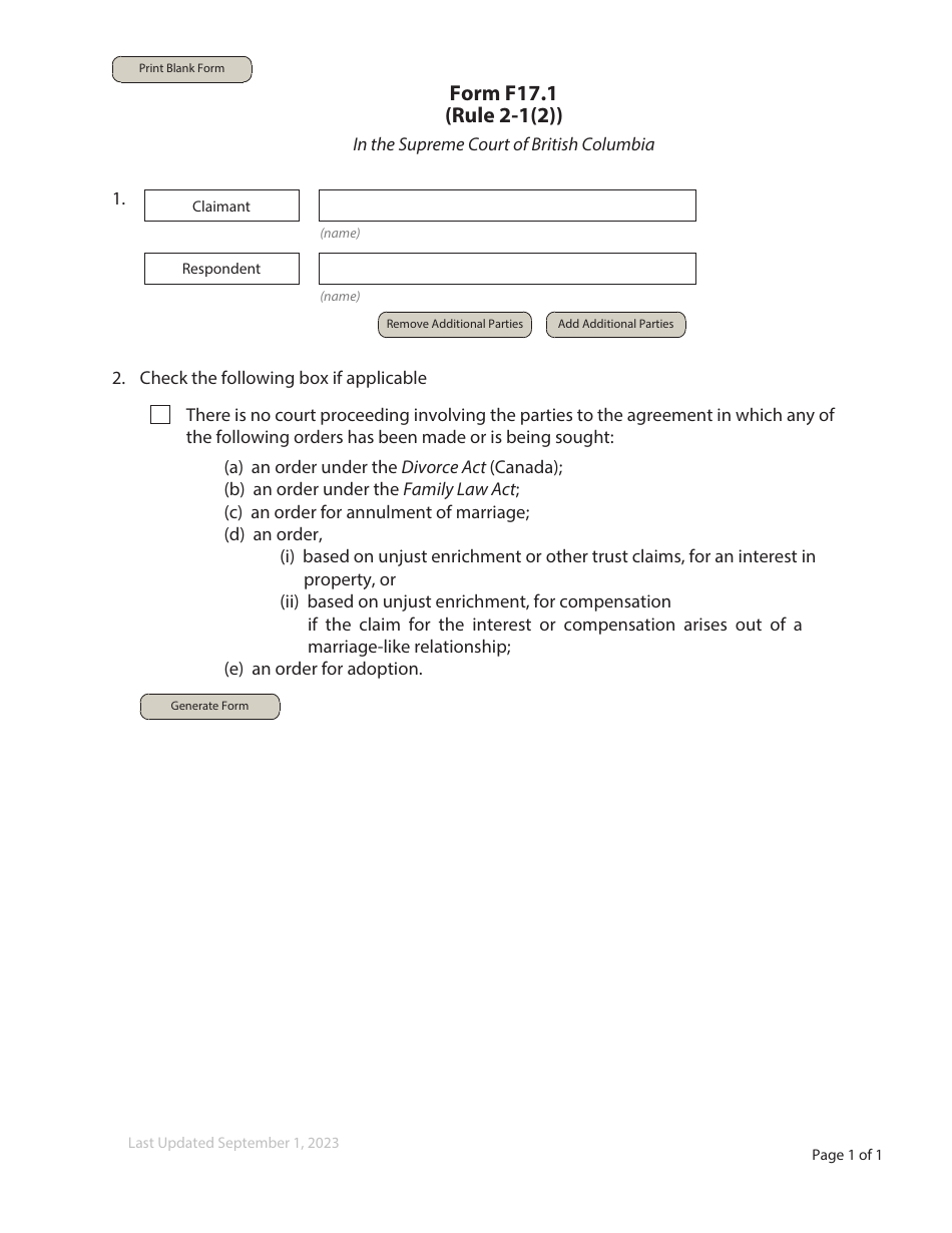 Form F17.1 Requisition Short Notice - Supreme - British Columbia, Canada, Page 1