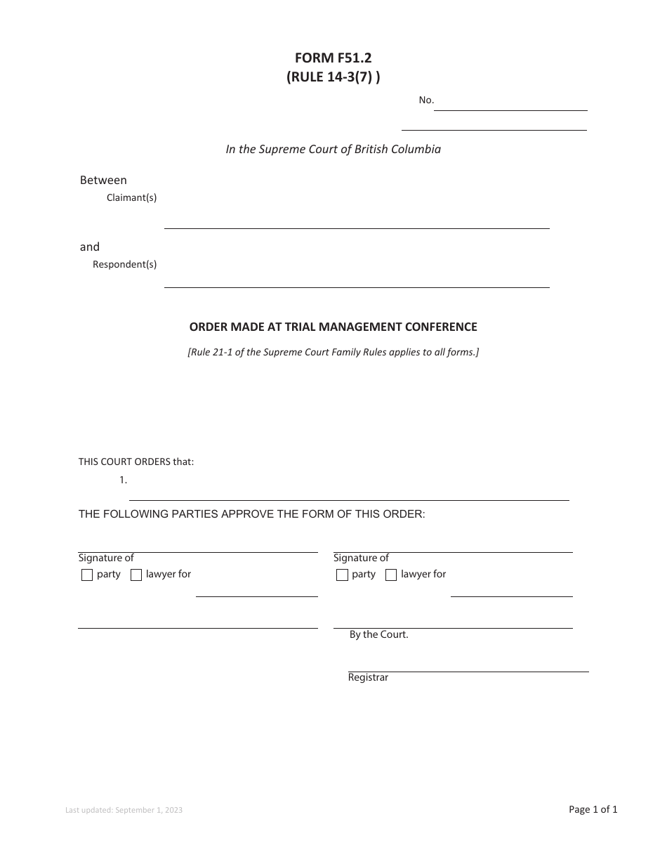 Form F51.2 Order Made at Trial Management Conference - British Columbia, Canada, Page 1