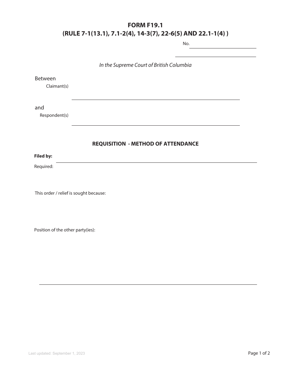 Form F19.1 Requisition - Method of Attendance - British Columbia, Canada, Page 1