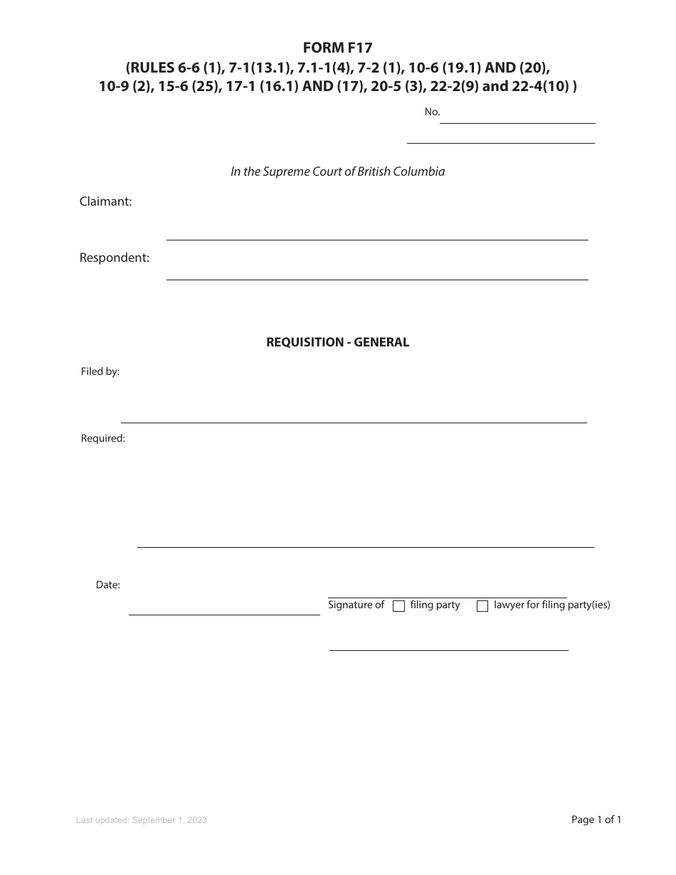 Form F17 Requisition - General - British Columbia, Canada, Page 1