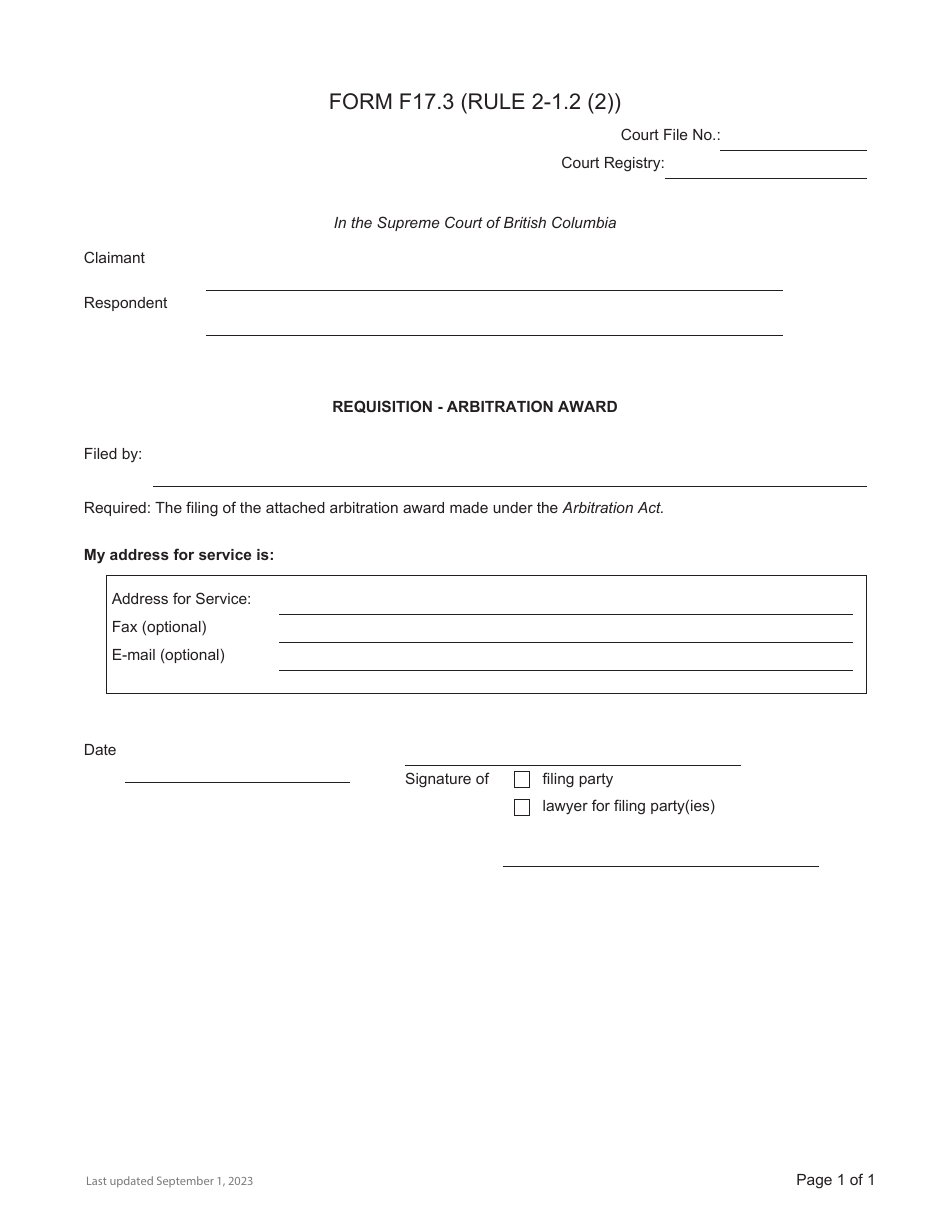 Form F17.3 Requisition - Arbitration Award - British Columbia, Canada, Page 1