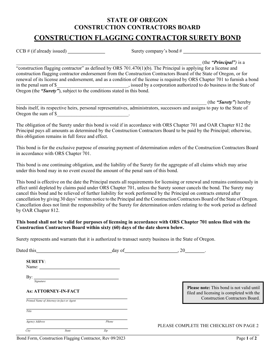 Oregon Construction Flagging Contractor Surety Bond Download Fillable