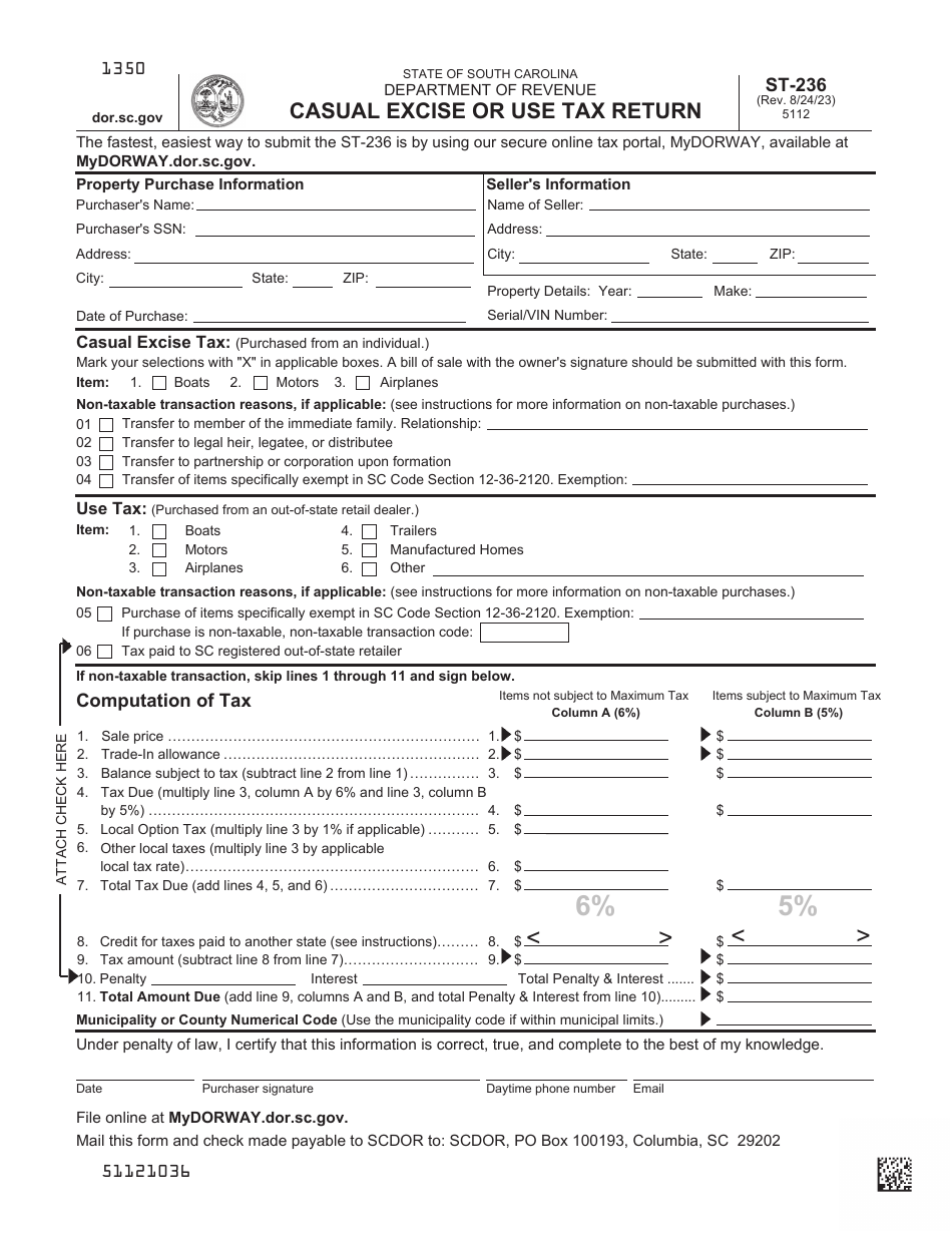 Form ST-236 Casual Excise or Use Tax Return - South Carolina, Page 1