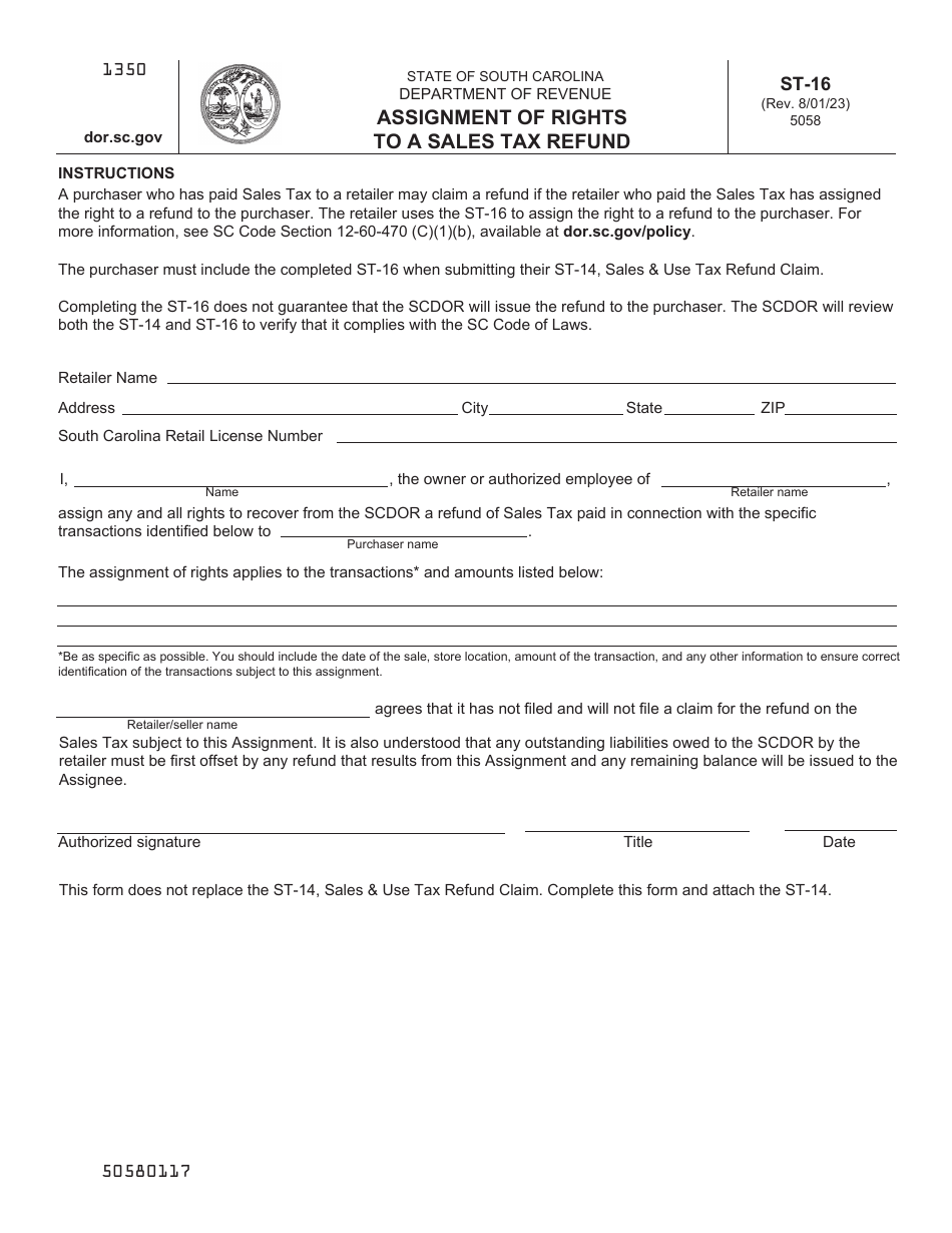 Form ST-16 Assignment of Rights to a Sales Tax Refund - South Carolina, Page 1