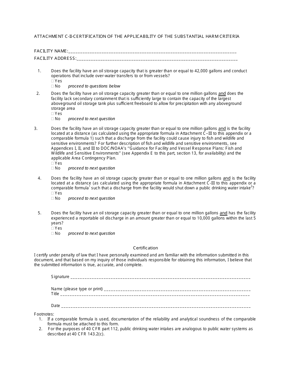 Attachment C-II Certification of the Applicability of the Substantial Harm Criteria, Page 1