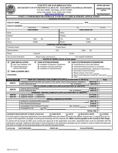Form HM-9311 Part I Underground Storage Tank Plan Check Permit Application - County of San Diego, California