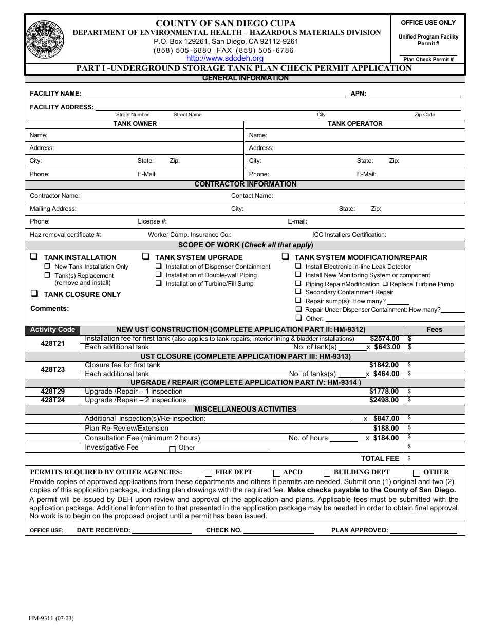 Form HM-9311 Part I Underground Storage Tank Plan Check Permit Application - County of San Diego, California, Page 1