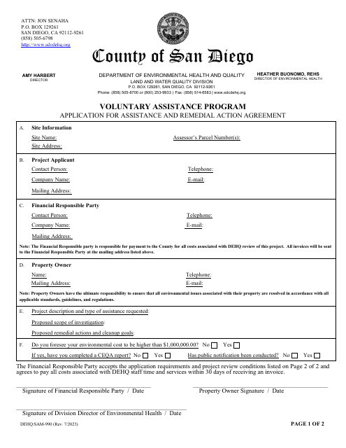 Form DEHQ:SAM-990 Application for Assistance and Remedial Action Agreement - Voluntary Assistance Program - County of San Diego, California