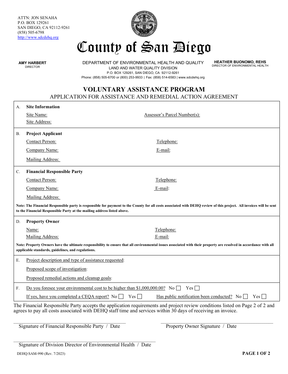 Form DEHQ:SAM-990 Application for Assistance and Remedial Action Agreement - Voluntary Assistance Program - County of San Diego, California, Page 1