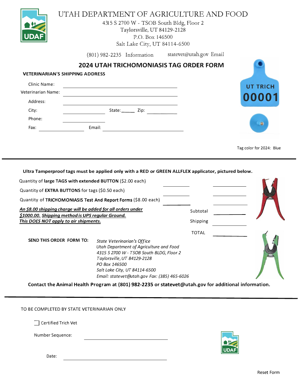 Utah Trichomoniasis Tag Order Form - Utah, Page 1