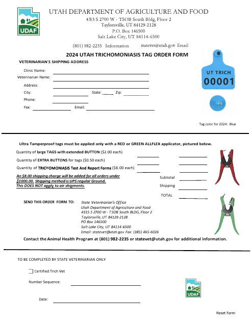 Utah Trichomoniasis Tag Order Form - Utah, 2024