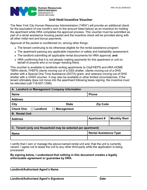 Form HRA-145 Unit Hold Incentive Voucher - New York City
