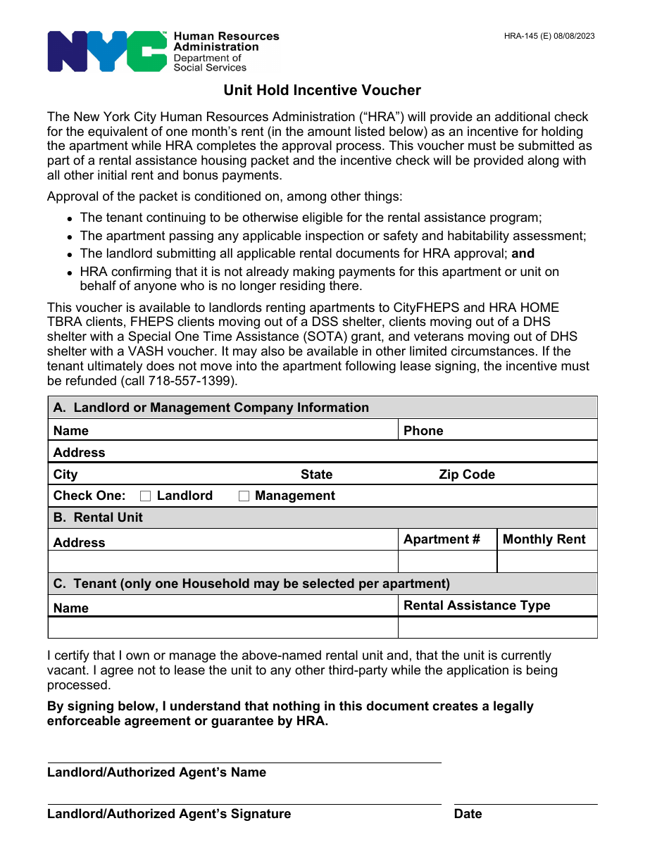 Form HRA145 Download Printable PDF or Fill Online Unit Hold Incentive