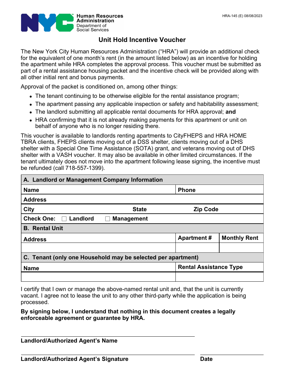 Form HRA-145 Unit Hold Incentive Voucher - New York City, Page 1