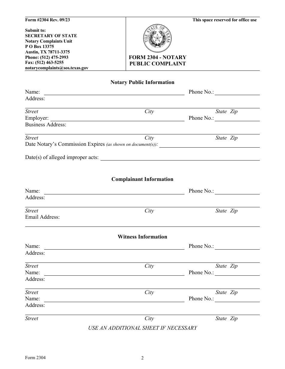 Form 2304 Notary Public Complaint - Texas, Page 2