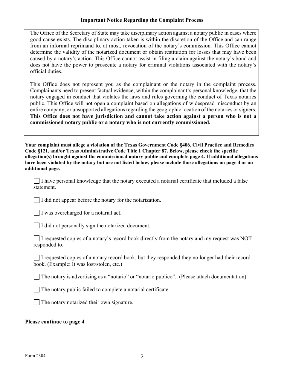 Form 2304 Notary Public Complaint - Texas, Page 3
