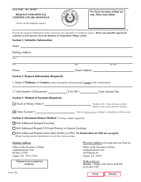 Form 2102 Request for Official Certificate or Apostille - Texas