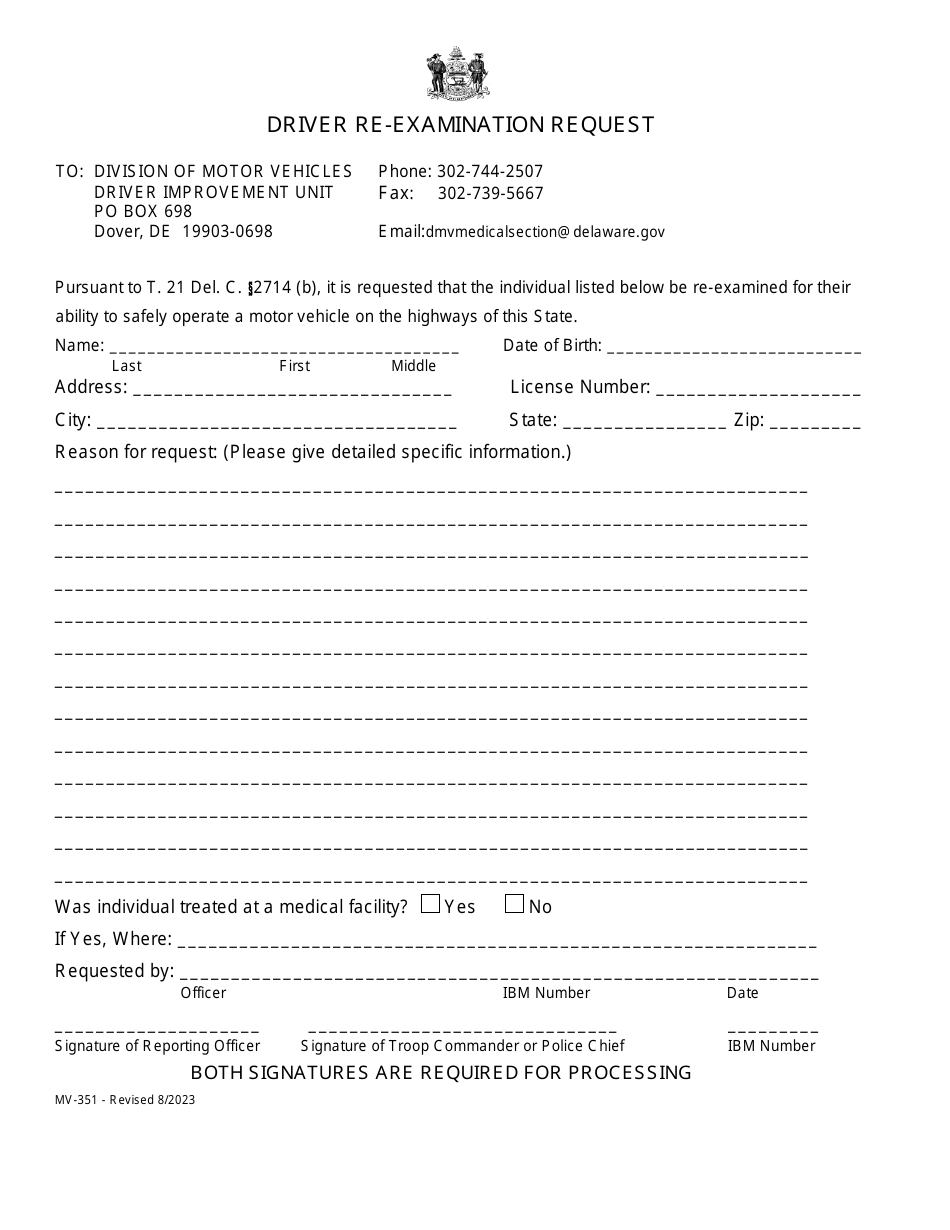 Form MV-351 Driver Re-examination Request - Delaware, Page 1
