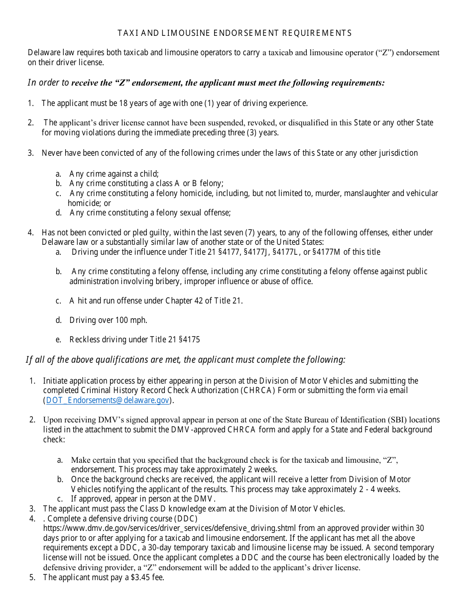 Criminal History Record Check Authorization Form - Taxi / Limousine Z Endorsement - Delaware, Page 3