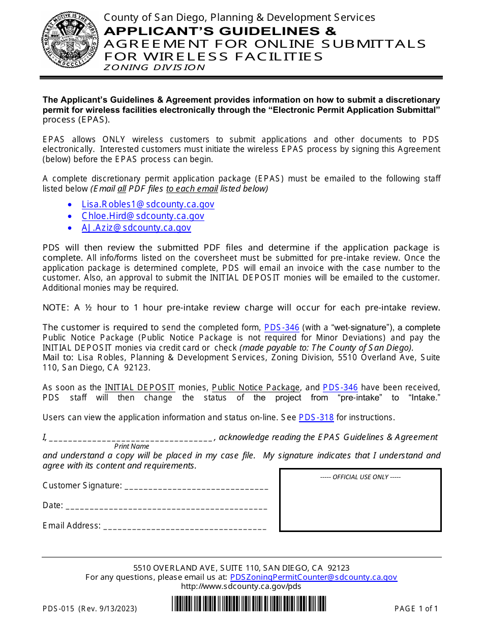 Form PDS-015 Applicants Guidelines  Agreement for Online Submittals for Wireless Facilities - County of San Diego, California, Page 1