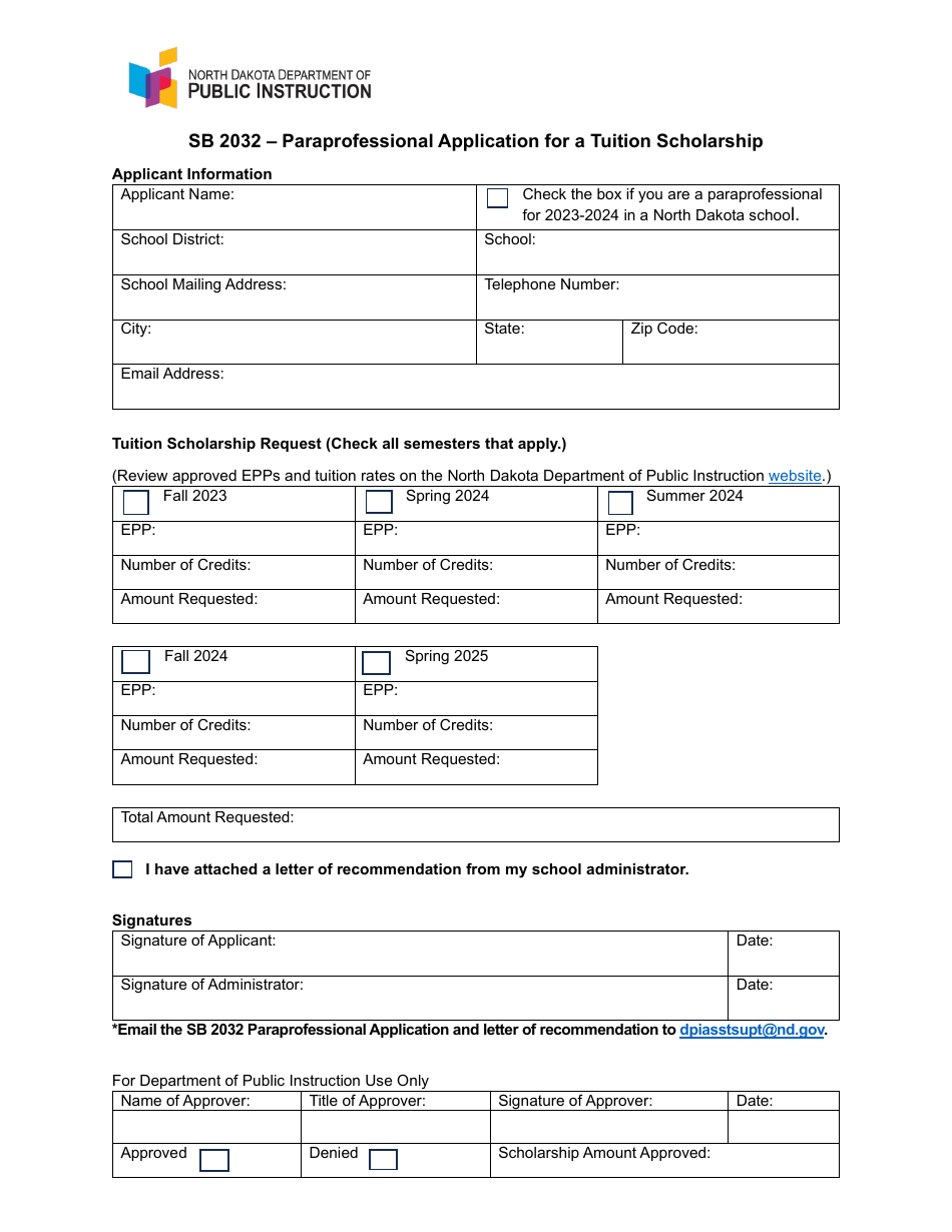 Sb 2032 - Paraprofessional Application for a Tuition Scholarship - North Dakota, Page 1