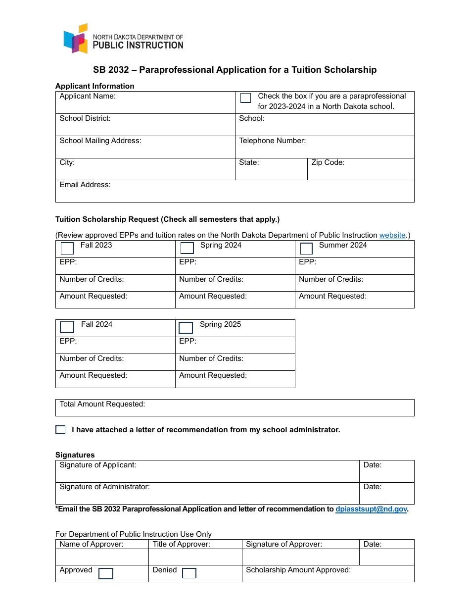 2025 North Dakota Sb 2032 Paraprofessional Application for a Tuition