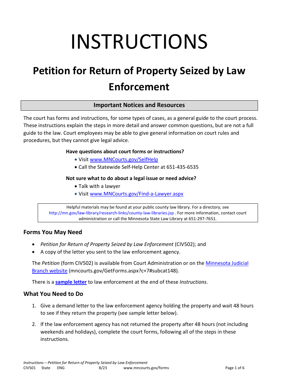 Instructions for Form CIV502 Petition for Return of Property Seized by Law Enforcement - Minnesota, Page 1