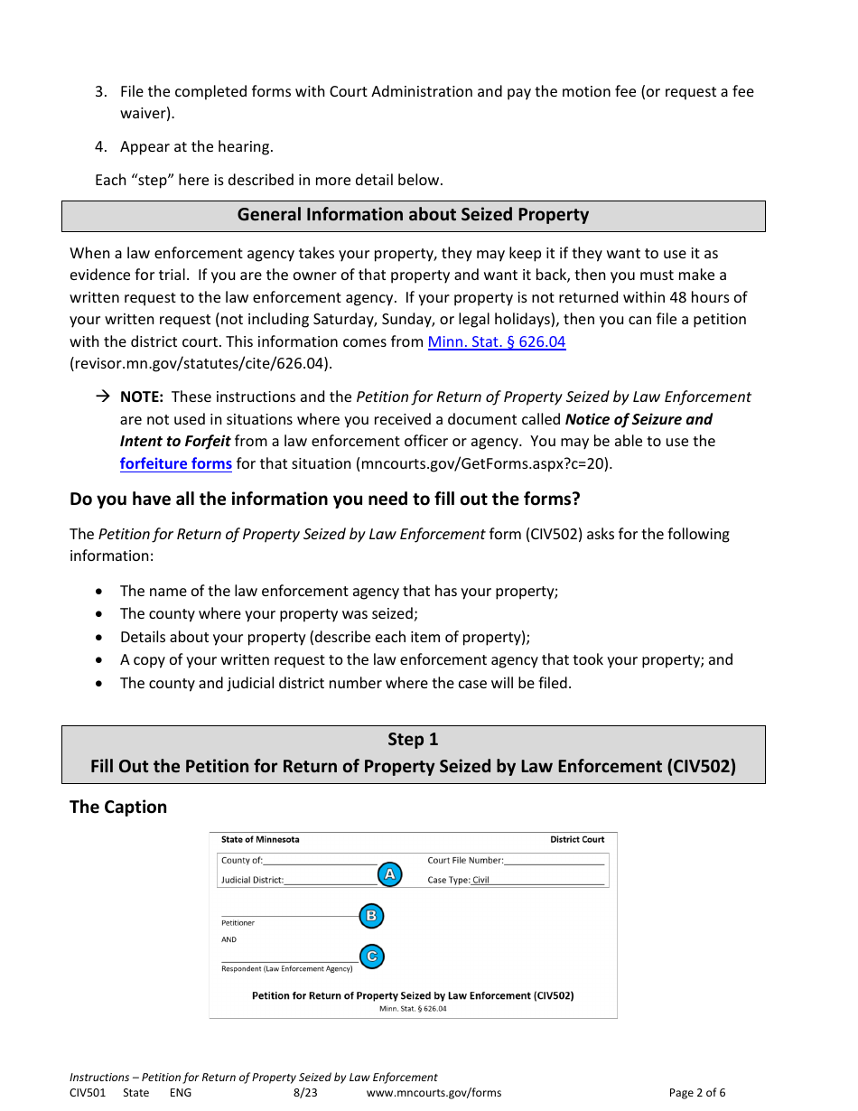 Instructions for Form CIV502 Petition for Return of Property Seized by Law Enforcement - Minnesota, Page 2