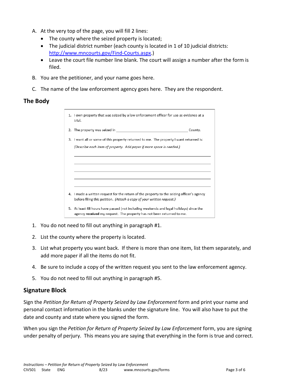 Instructions for Form CIV502 Petition for Return of Property Seized by Law Enforcement - Minnesota, Page 3