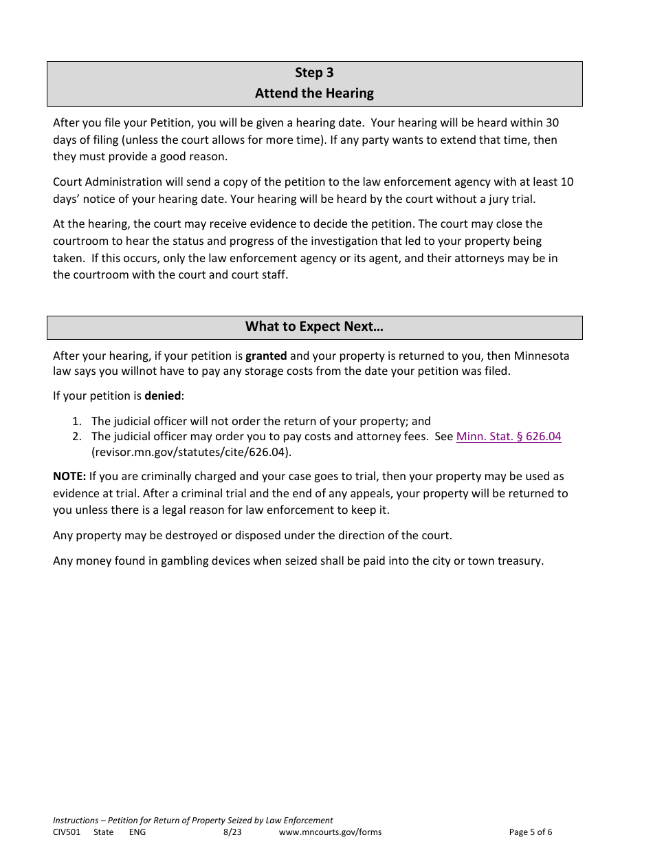 Instructions for Form CIV502 Petition for Return of Property Seized by Law Enforcement - Minnesota, Page 5