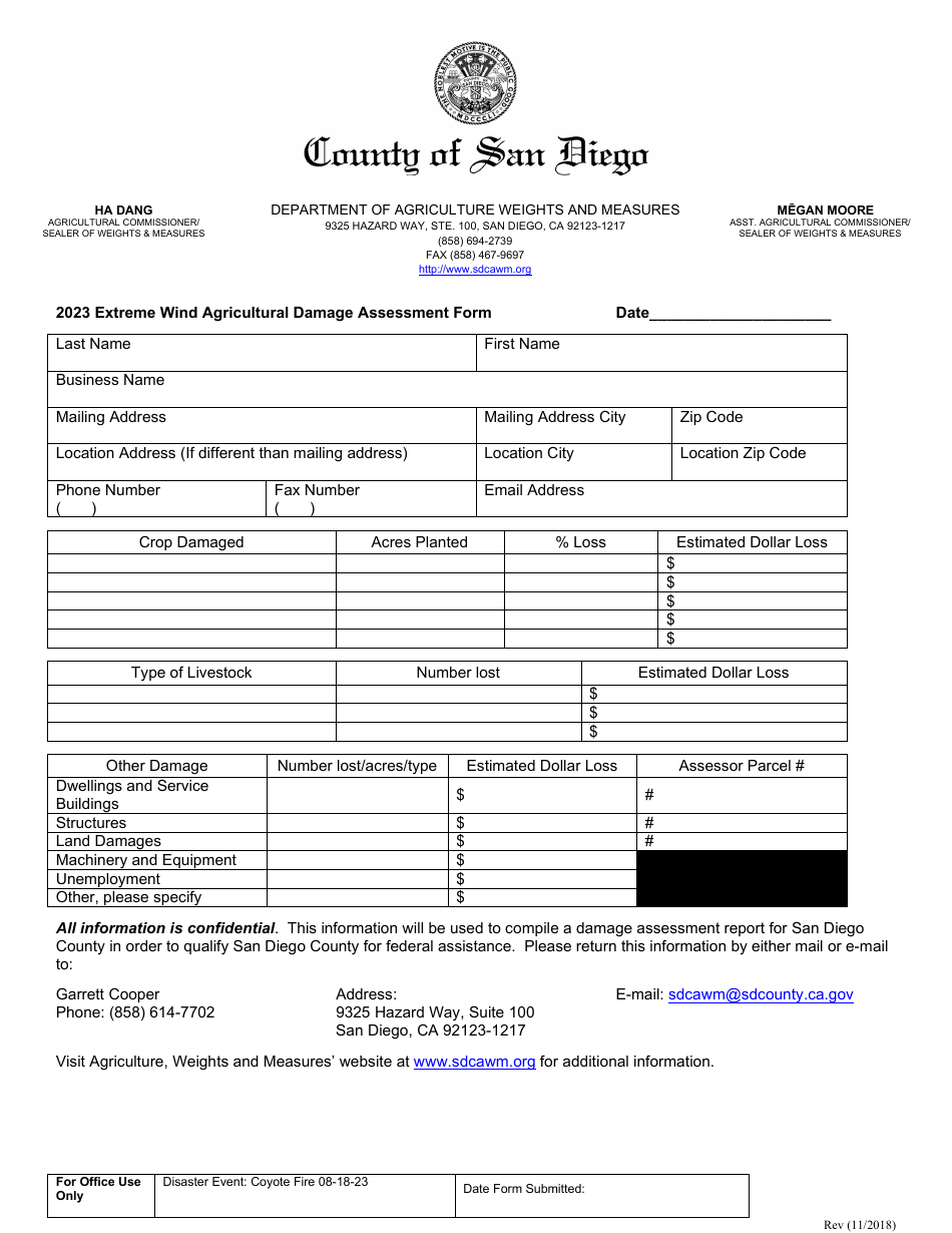 Extreme Wind Agricultural Damage Assessment Form - County of San Diego, California, Page 1