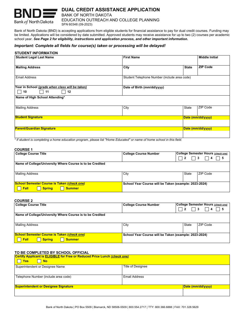 Form SFN60348 Dual Credit Assistance Application - North Dakota, Page 1