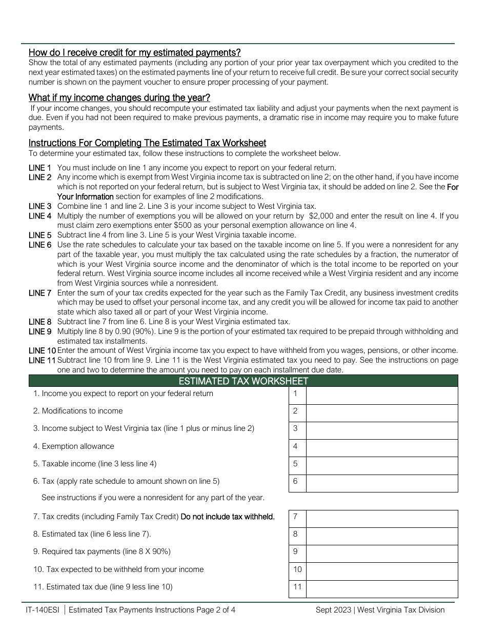 Download Instructions for Form IT140ES Individual Estimated Tax