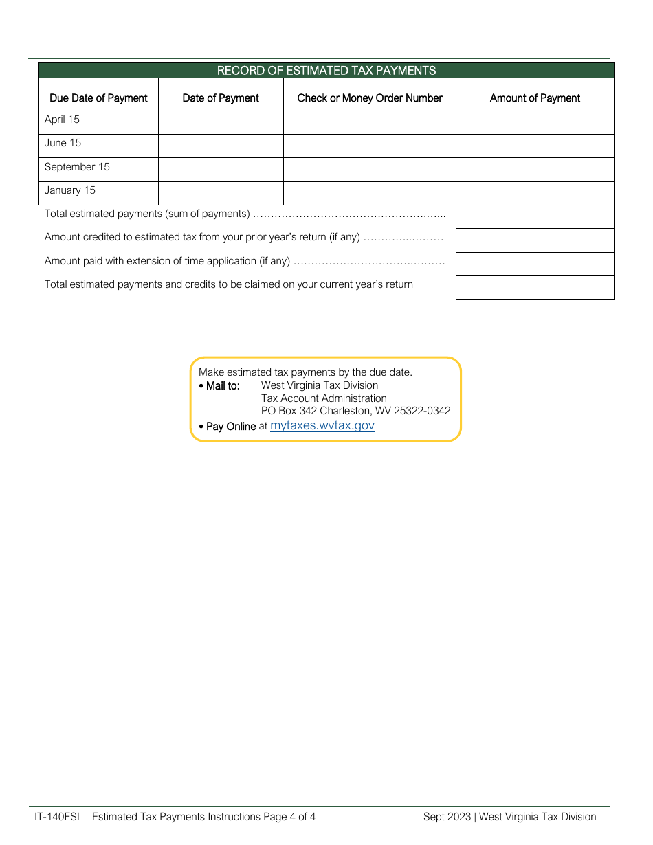 Instructions for Form IT-140ES Individual Estimated Income Tax Payment - West Virginia, Page 4