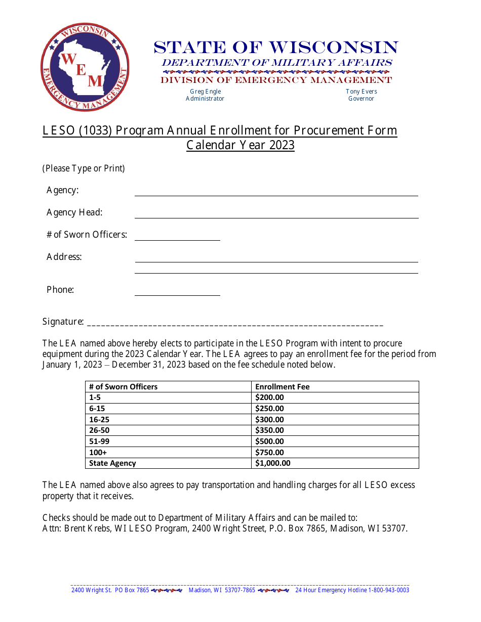 Leso (1033) Program Annual Enrollment for Procurement Form - Wisconsin, Page 1