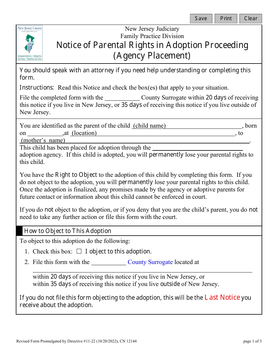 Form 12144 Notice of Parental Rights in Adoption Proceeding (Agency Placement) - New Jersey, Page 1