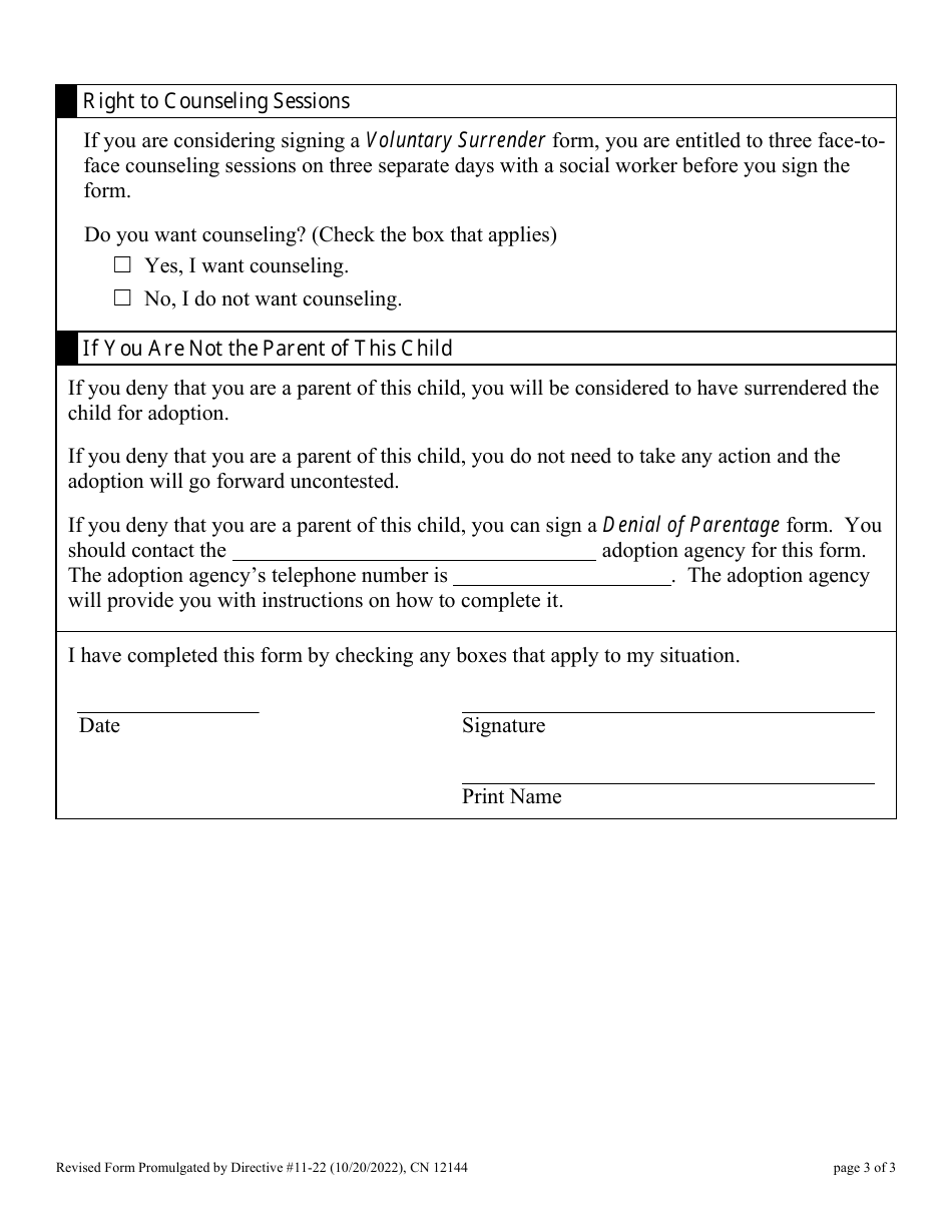Form 12144 Notice of Parental Rights in Adoption Proceeding (Agency Placement) - New Jersey, Page 3