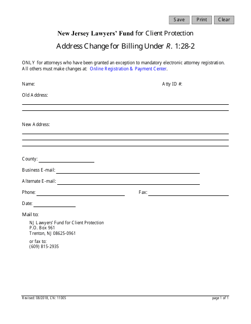 Form 11005 Address Change for Billing Under R. 1:28-2 - New Jersey