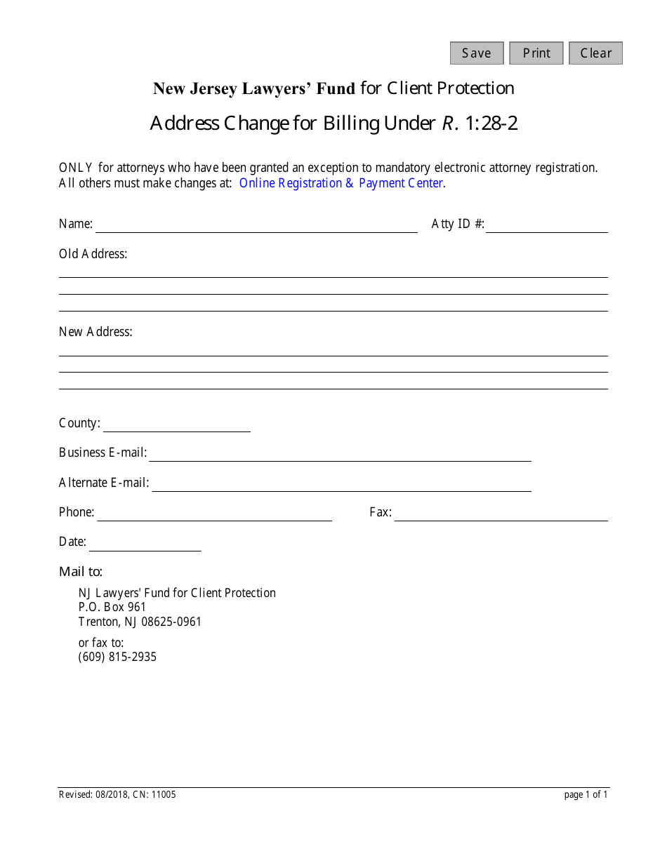 Form 11005 Address Change for Billing Under R. 1:28-2 - New Jersey, Page 1