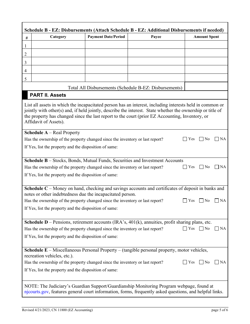 Form 11800 Guardianship Report Ez Accounting Form - New Jersey, Page 5