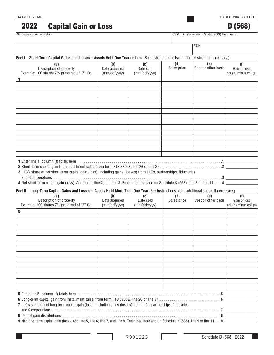 Form 568 Schedule D Capital Gain or Loss - California, Page 1